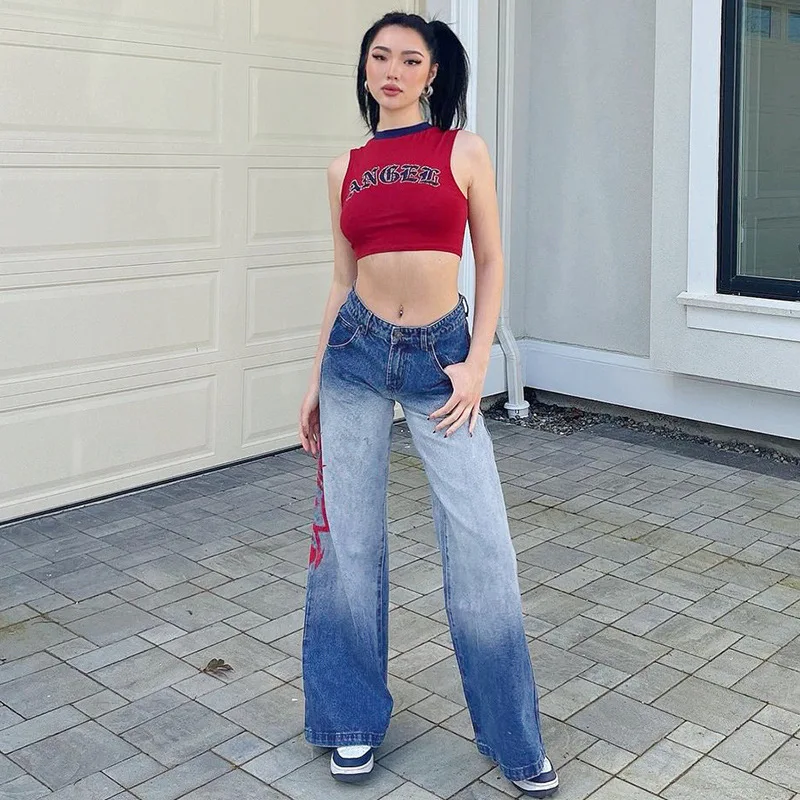 

2021 Y2K New Jeans Gradient Printed Pants For Women Vintage High Waist Loose Pockets Straight Denim Trousers Female P039