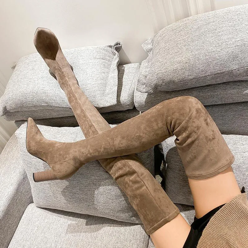 Женские сапоги выше колена 34 40 модная универсальная зимняя обувь с острым носком элегантные универсальные