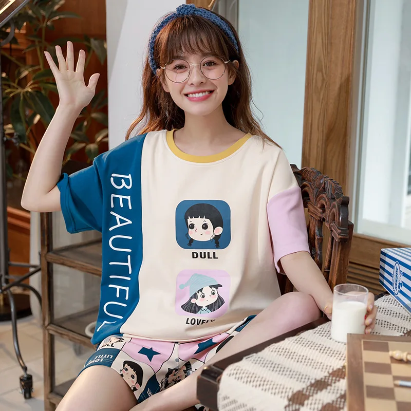 

SLPBELY Women Loose Pajamas Casual Pajamas Lovely Sweet Female Student Pajamas Shorts Short Sleeve 2-Piece Set