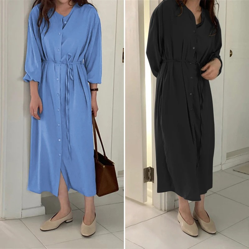 Женское длинное платье-рубашка с длинным рукавом из хлопка разрезом осень 2021 |