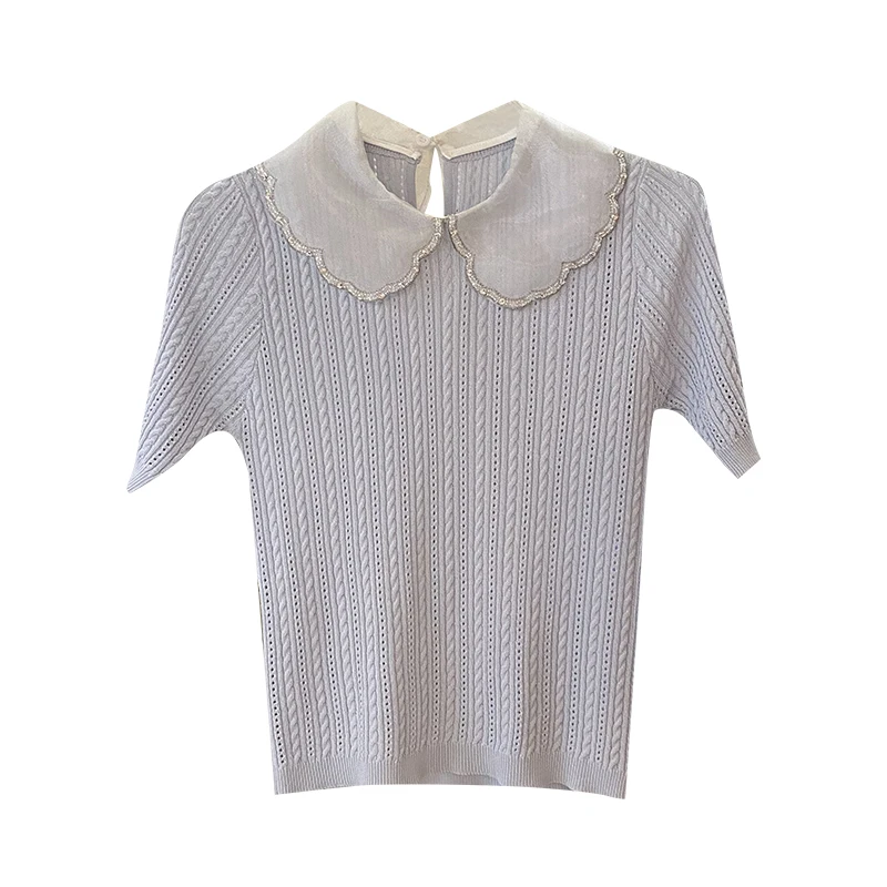 Женская трикотажная футболка с кукольным воротником и короткими рукавами модный