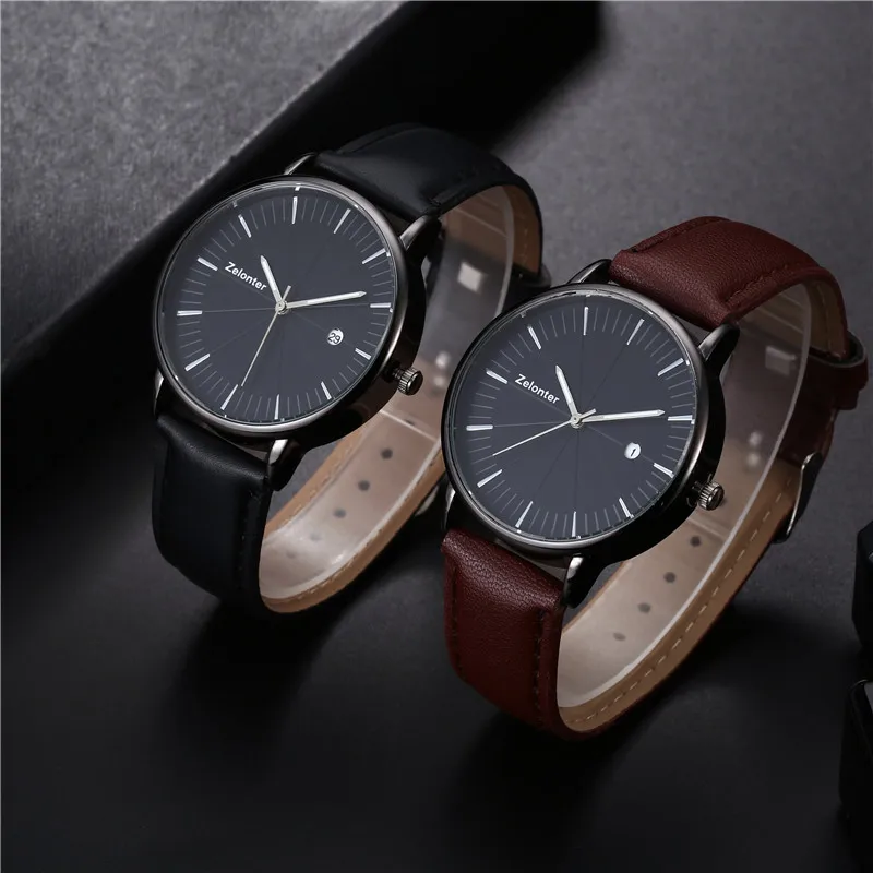 Простые деловые мужские кожаные часы с рисовым циферблатом металлическая указка