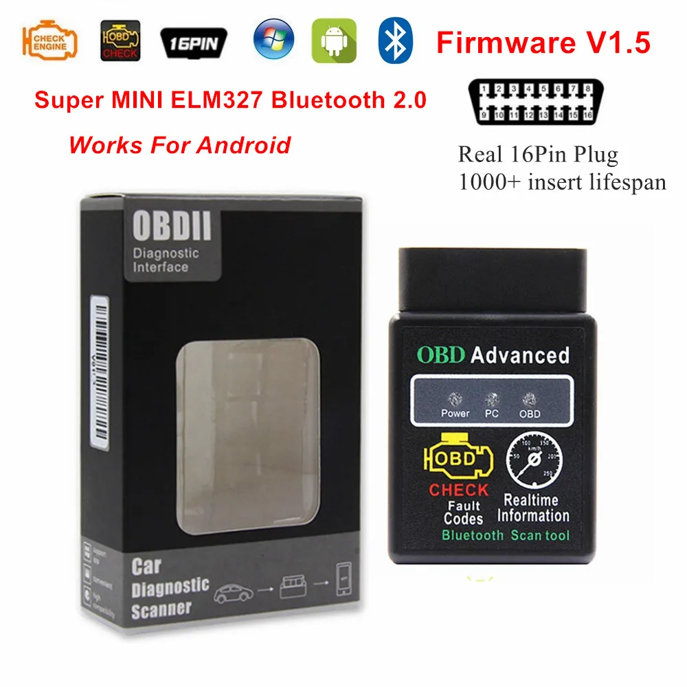 Новейший ELM327 V1.5 OBD2 сканер Bluetooth2.0 без чипа PIC18F25K80 для Android/Window Super MINI OBDII считыватель