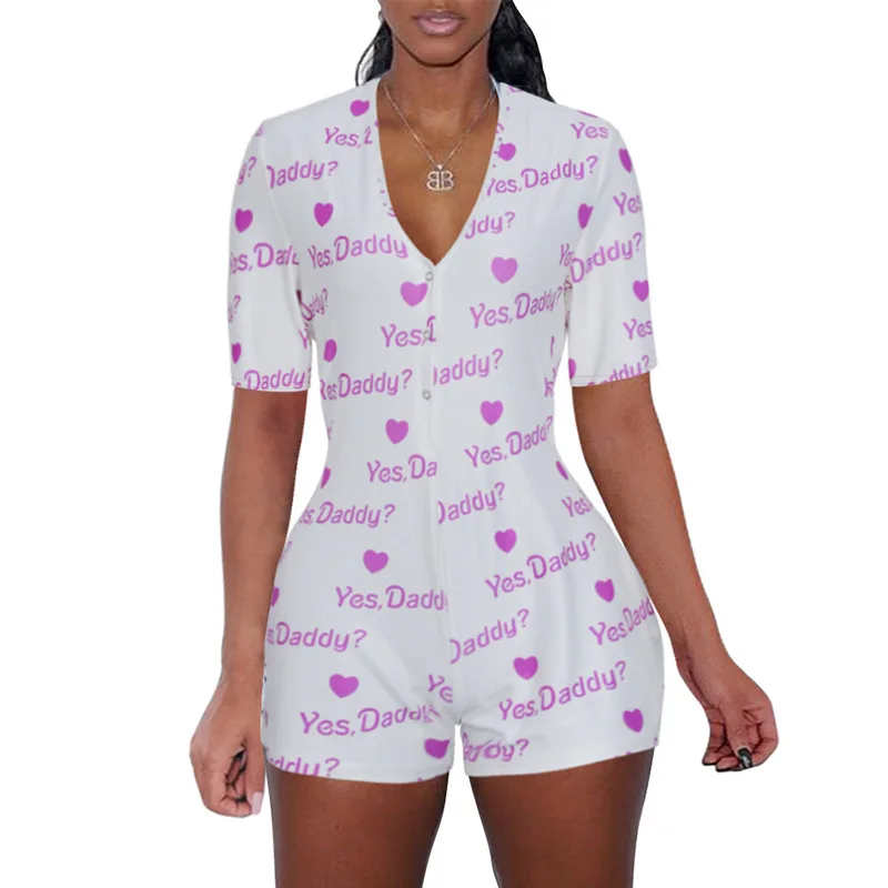 

Sexy women rompers Fruit print Short sleeve Yes Daddy Short Jumpsuit Sexy Leopard Onesie For Adult Female Party Nightwear