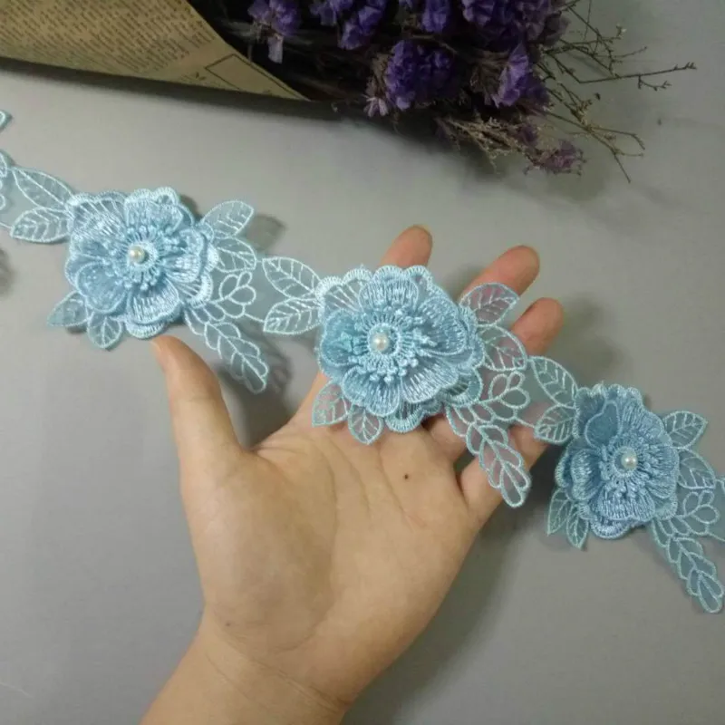 2 ярда синий хлопок жемчужные цветы лист вышитая кружевная отделка Лента из ткани