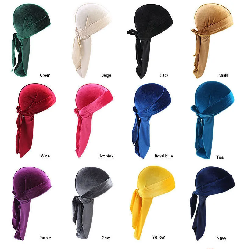 

2021 Unisex Long Men Women Velvet Breathable Bandana Hat Durag do doo du rag long tail headwrap chemo cap Solid Color Headwear