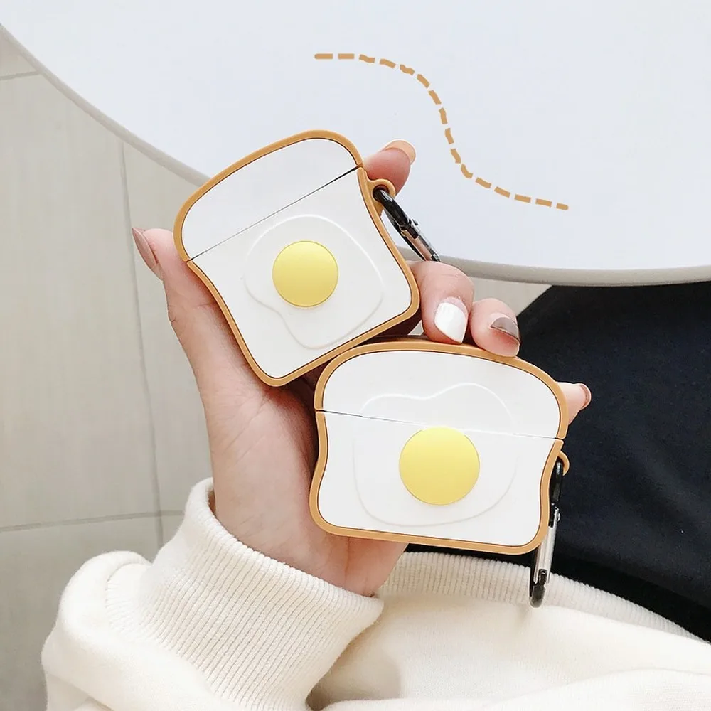 

Cute 3D Toast Egg Bread Silicone Earphone Case for Apple Airpods 1 2 Coque Headphone Charging Box for Airpod Pro Cover with Hook