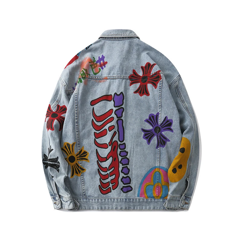 

ELKMU Vintage Jeans Jackets Graffiti Print Coats Men Hip Hop Punk Rock Denim Jacket Streetwear Men Fashion Hipster Male HE164