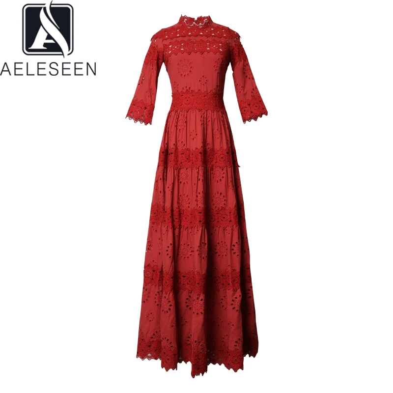 AELESEEN модные Подиумные макси платья женские с длинным рукавом Кружева