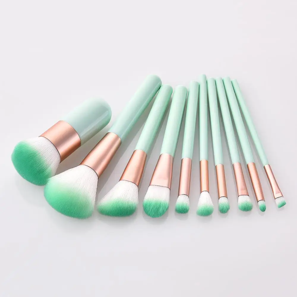 10 Pcs/Set Mint Green Makeup Brushes Fresh Summer Foundation Kabuki Brush Eyeshadow Brush With wood handle Drop Shipping images - 5