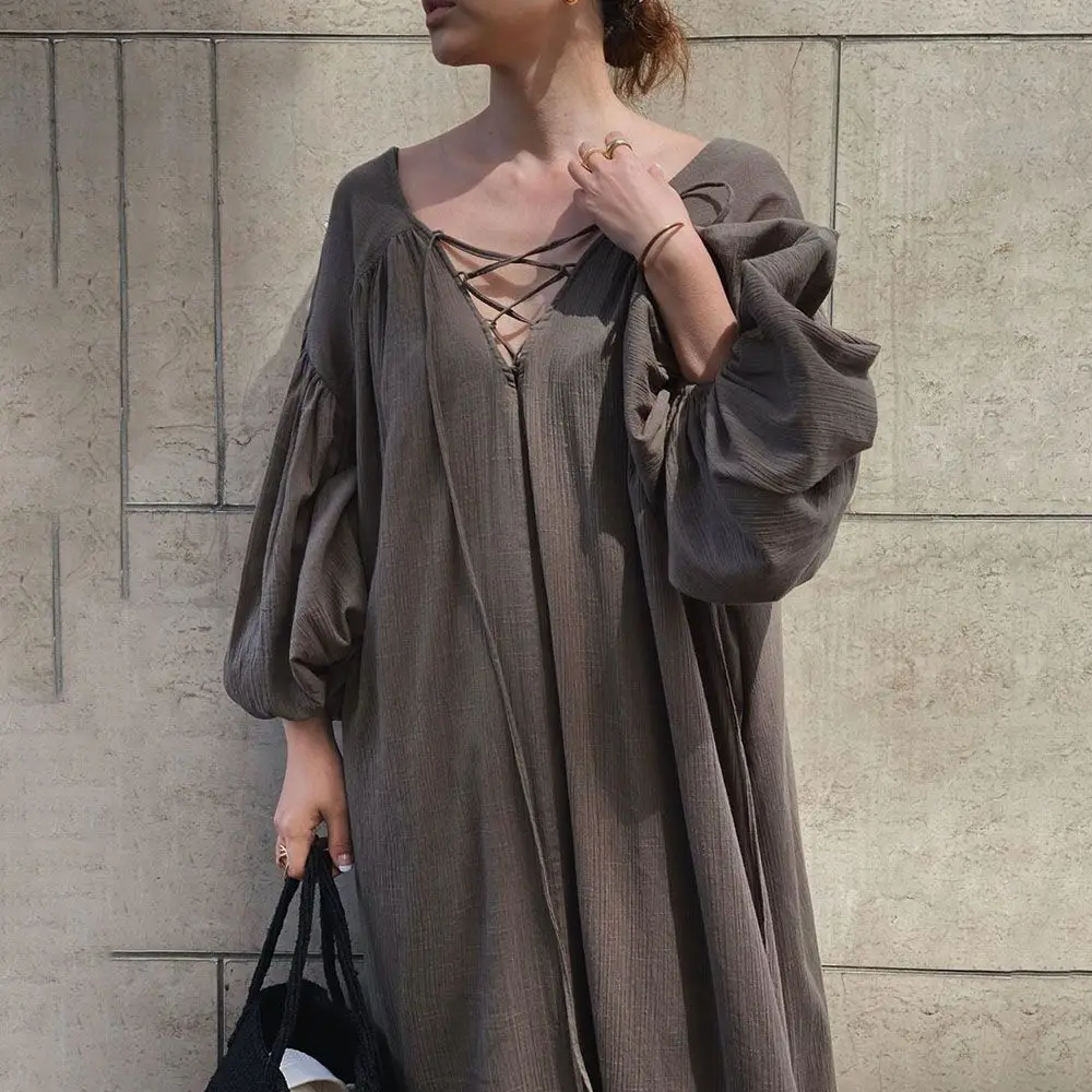 

Japanese Women's Spring and Summer New Style Front and Back V-neck Tie Puff Sleeve Loose Long Solid Color Dress