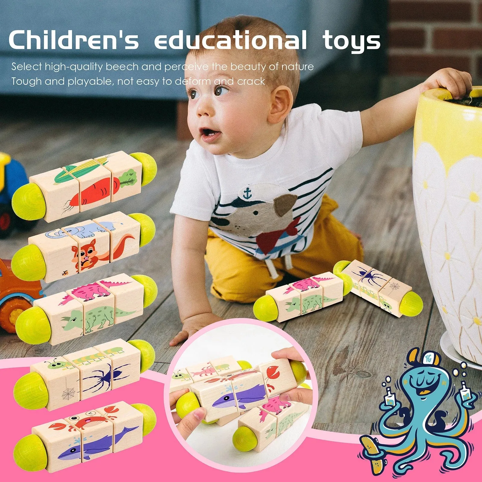 

Детские блоки Монтессори, деревянные вращающиеся головоломки, сортировка животных, развивающие игрушки для малышей, дети, бесплатная доста...