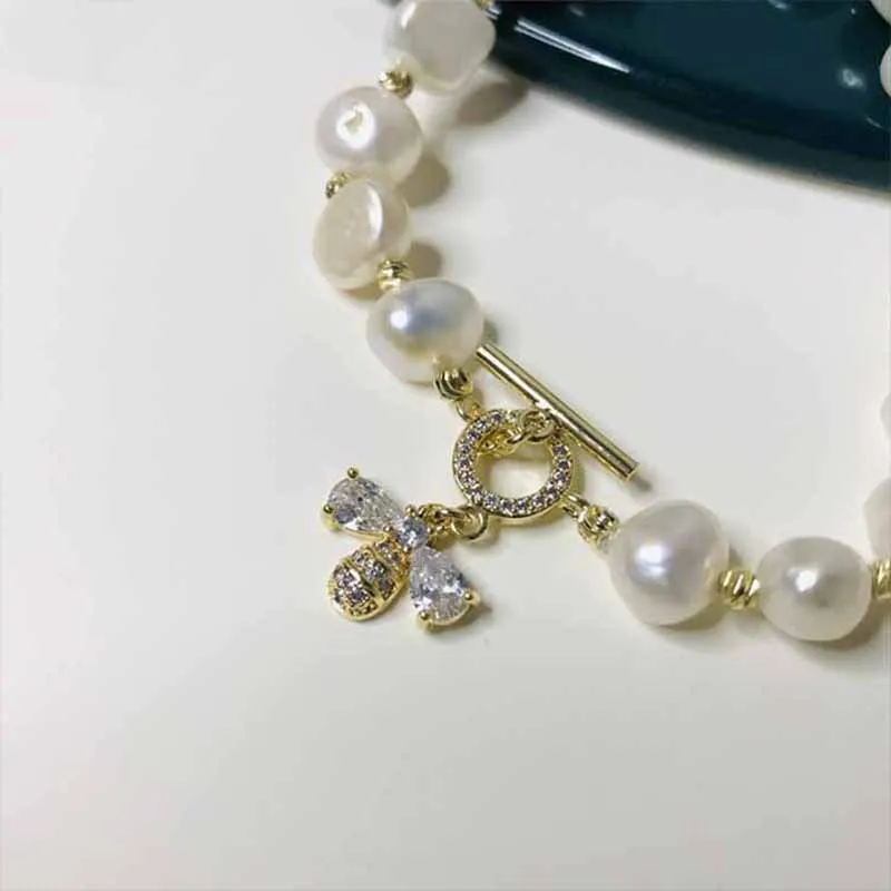 

2021 Fashion New Design Fashion Jewelry Natural Pearl Luxury Bee Zircon Adjustable Female Prom Party Bracelet