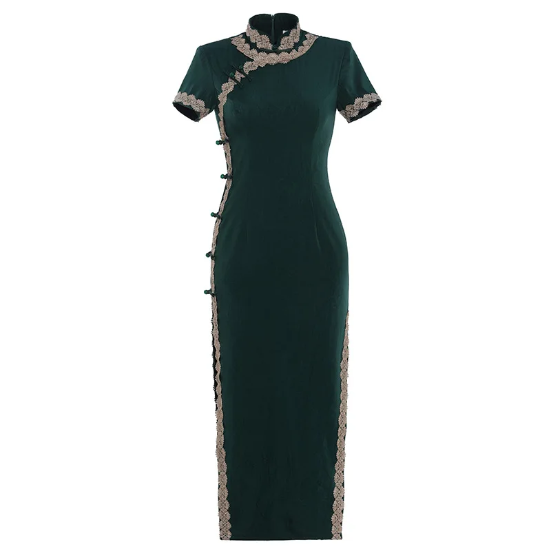 

Женское Элегантное Длинное платье Qipao с кружевной отделкой, новинка, чонсам, сексуальное приталенное восточное платье с Боковым Разрезом, в...