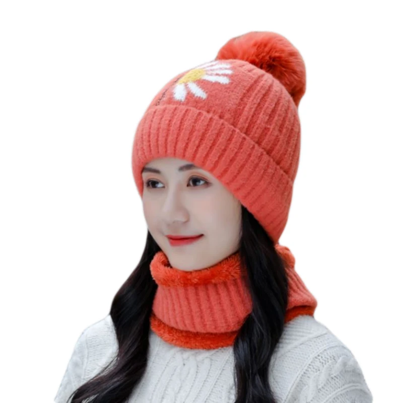 

New Winter Hat Scarf Set For Women Beanies Hats Girls Plus Velvet Warm Caps Female Thick Plush Knitted Hats Outdoor Riding Sets