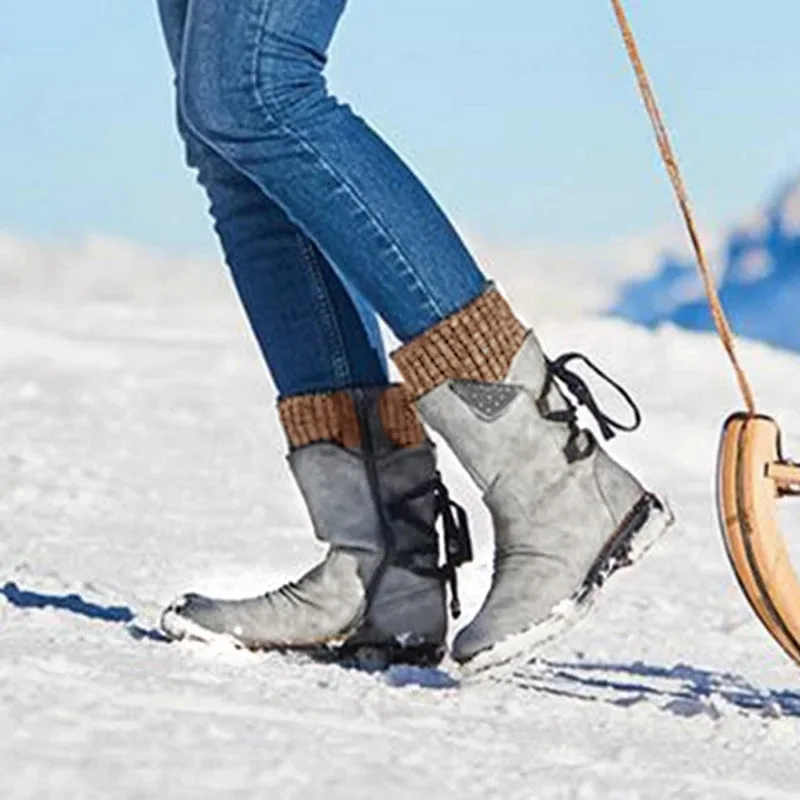 Puimentiua Winter Shoes Women Boots Basic Mid-Calf Boots Round Toe Zip Platform Decor Female Shoes Warm Lace Up Boots Shoes
