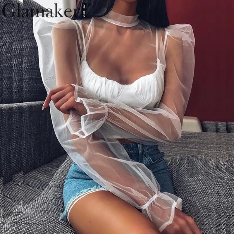 Glamaker, сексуальная, прозрачная, короткая, белая блузка, топы, для женщин, с длинным рукавом-фонариком, блузка, рубашка, весна-лето, элегантные, вечерние, черная рубашка