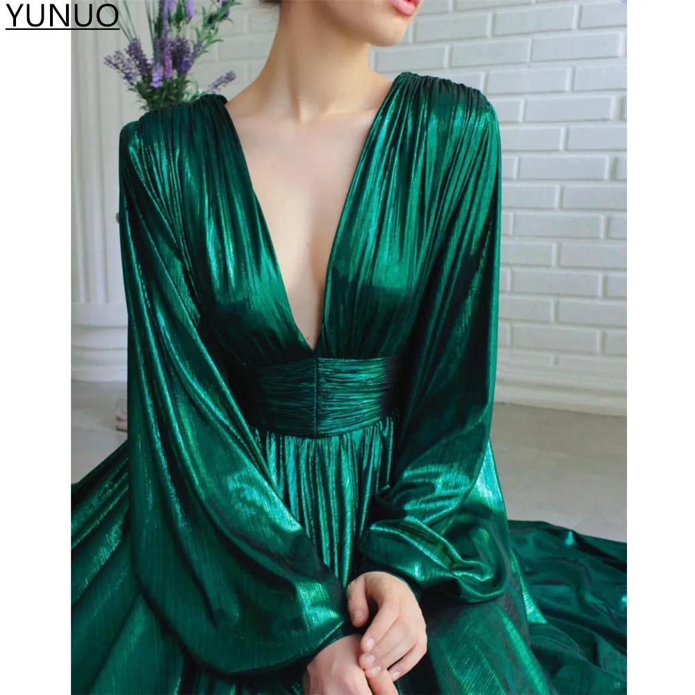 YUNUO блестящие бирюзовые вечерние платья с длинным рукавом V-образным вырезом