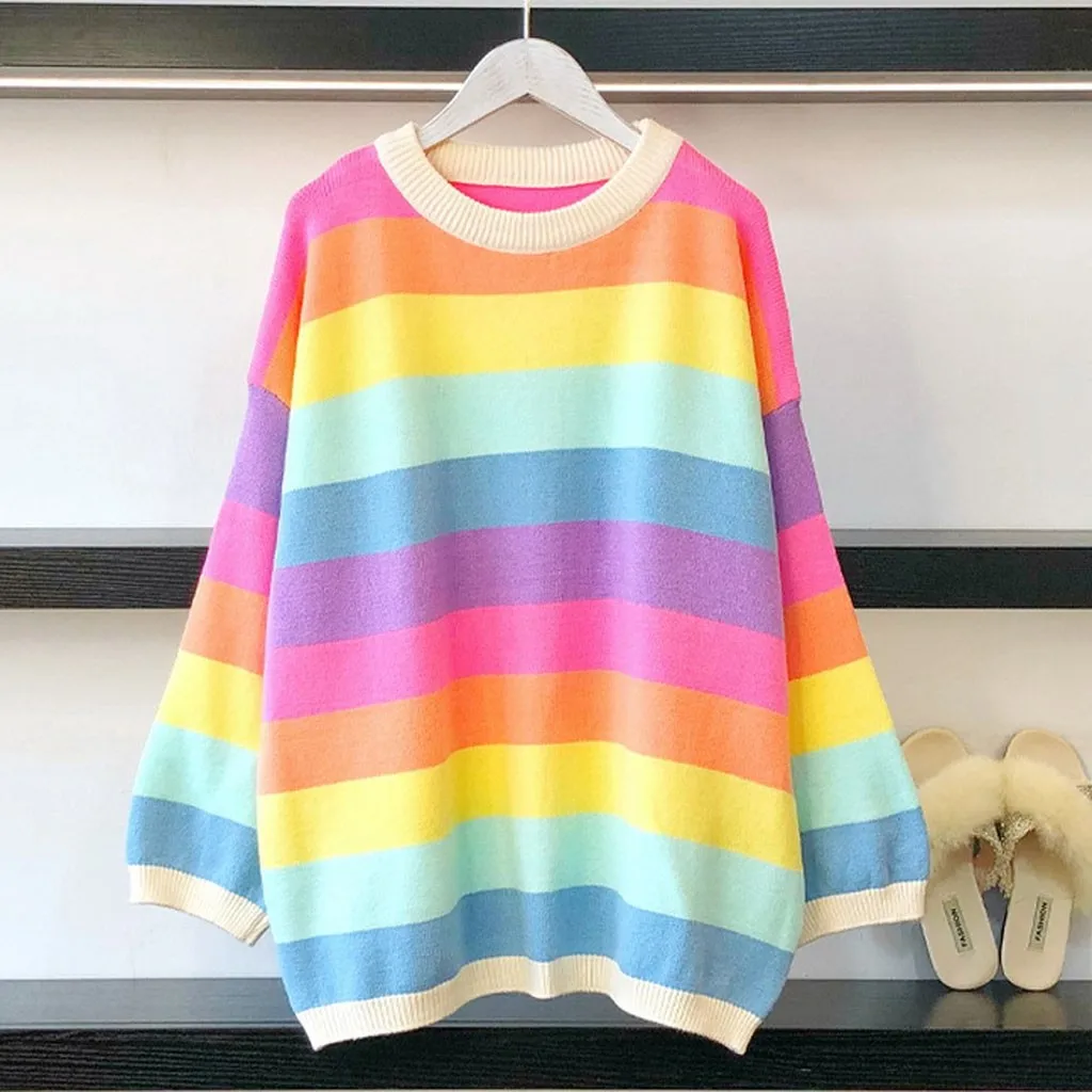 Женский трикотажный свитер-водолазка Свободный джемпер с разноцветным радужным