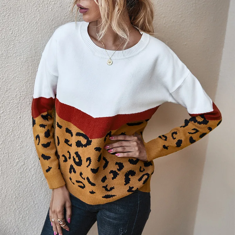 

Vogue Leopard Patchwork Autumn Winter Fad Ladies Knitted Sweater Women O-neck Full Sleeve Jumper Pullovers Top Khaki Brown