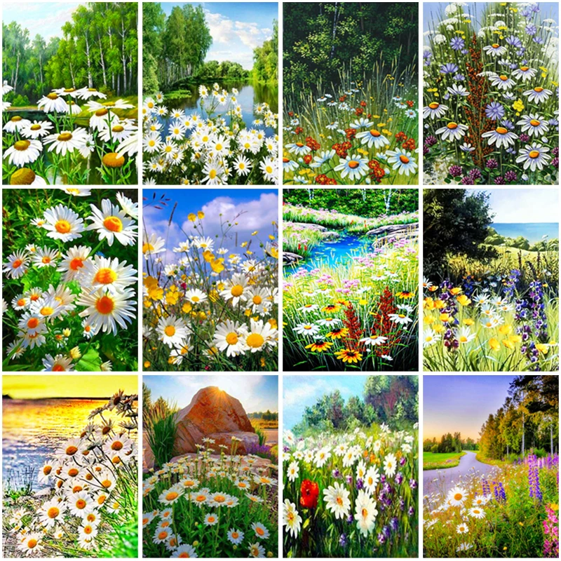 

Full Round Square Drill Diamond Painting Flowers Picture Of Rhinestones Beads Embroidery Daisy Landscape Diamond Mosaic Wall Art