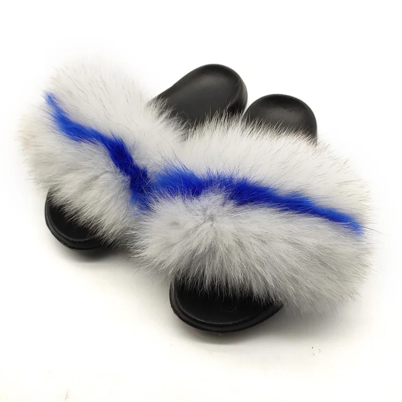 

New Mixed Colors Striped Fur Slippers for Women Summer Fahion Plush Flip Flops Fox Furry Slides Wholesale Large Size 36-45