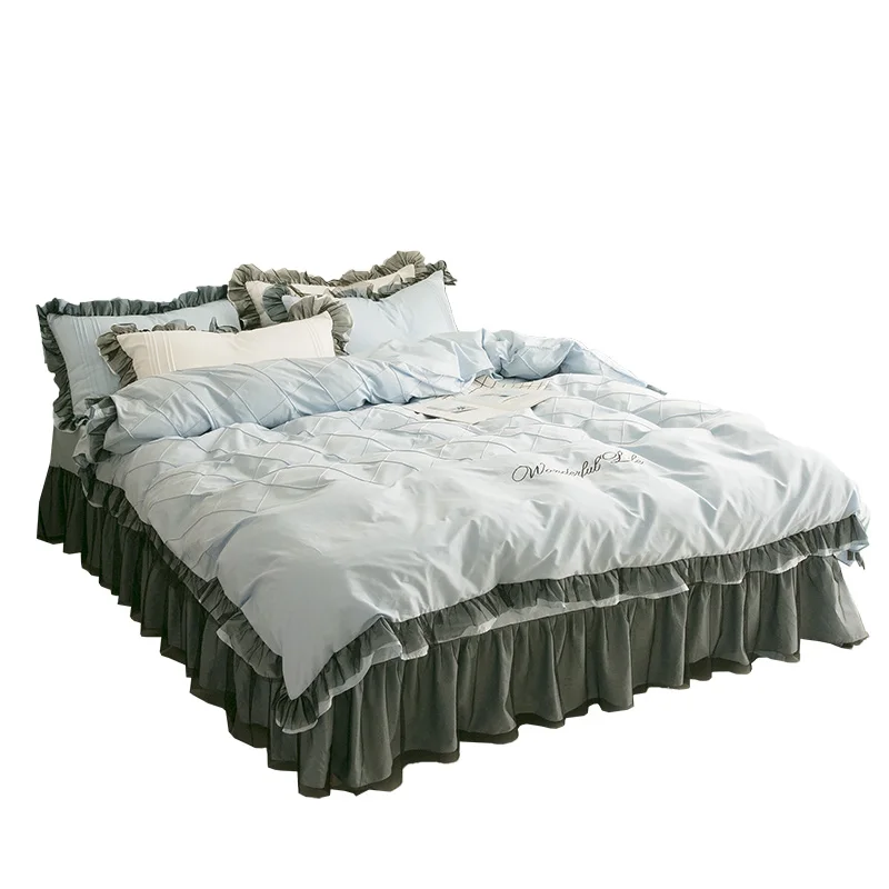 

Free shipping cotton lace princess ruffles plaid bedding set 3/4pcs twin full queen king size MR