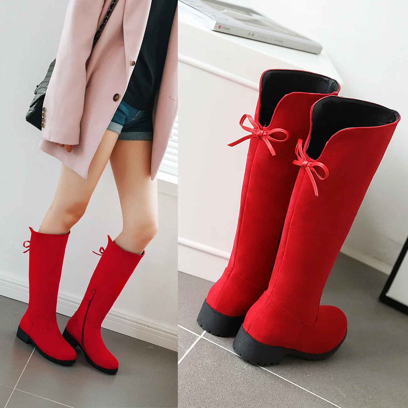 

Winter Women Plush Knee-high Boots Black Red Stretch Flock Low Square Heels Casual Office Lady Bowtie Zipper Long Platform Boots