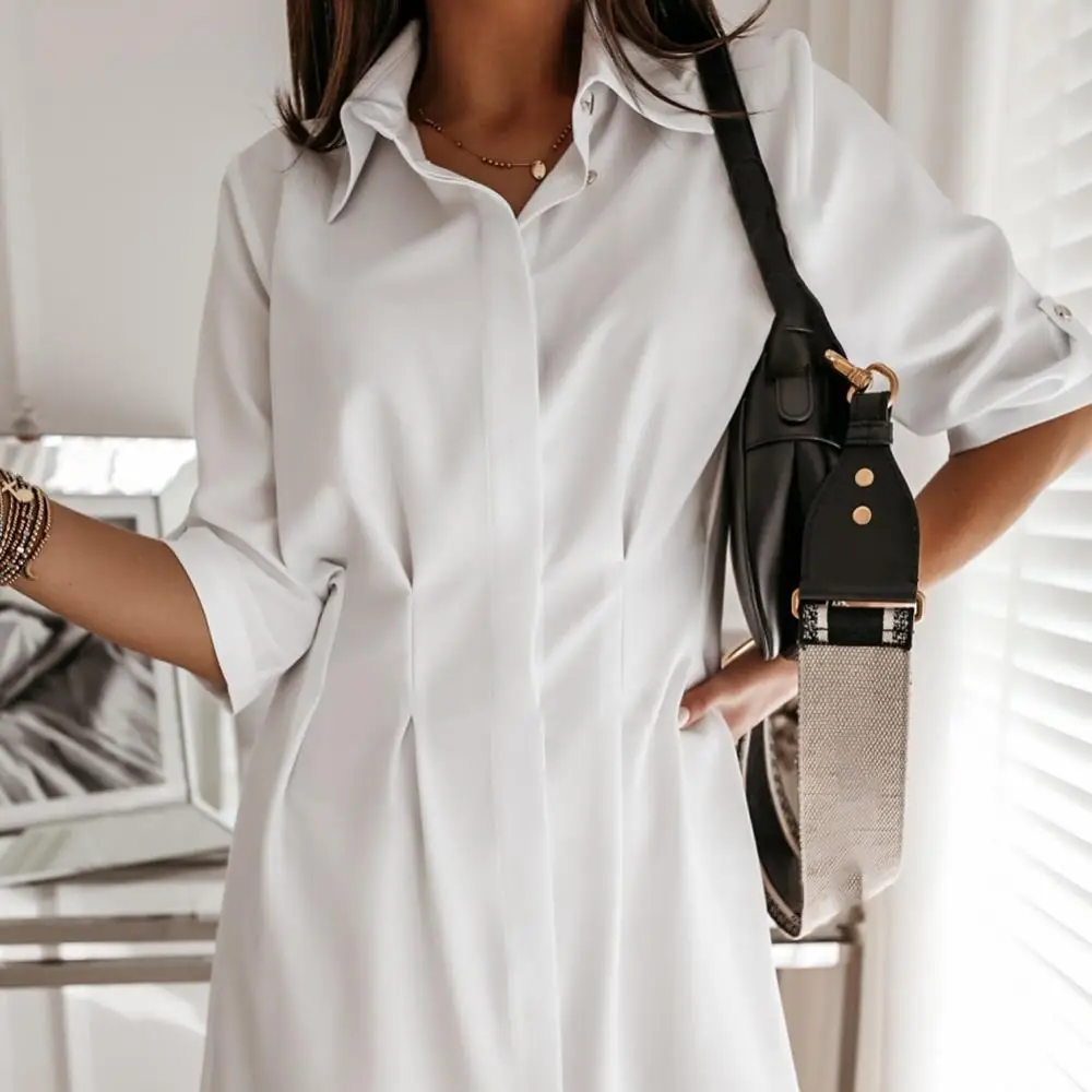 

70% Hot Sell Women Casual 3/4 Sleeve Buttons Irregular Hem Stitched Waist Long Shirt Mini Dress