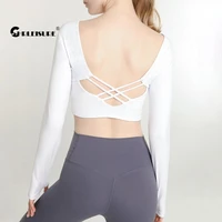 chrleisure hollow sports top short with chest pad beautiful back fitness blouses slim cuf finger cots yoga top