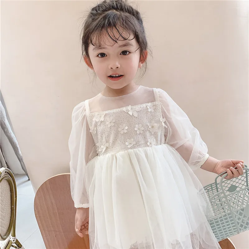 Applique 100% Cotton Spring Summer Girls Dress Kids Teenagers Children Clothes Outwear Special Occasion Long Sleeve High Quality