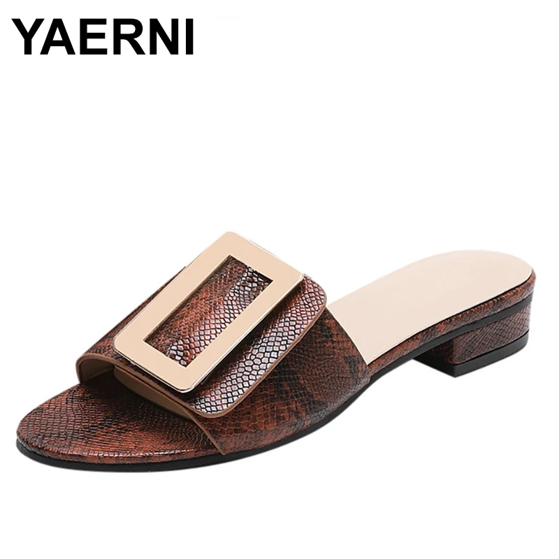 

YAERNI Women Buckles Flat shoes ladies slippers Snake printed Peep Toe Slippers Hoof Heels Elegant Shoes Slippers