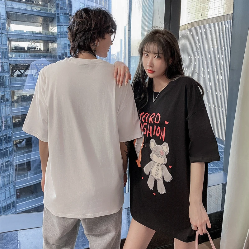 

Creative Bear Cartoon Print T-shirt Men's Oversize Pure Cotton Tops Tees Fashion Hipster Streetwear Couples Short Sleeve Tshirts