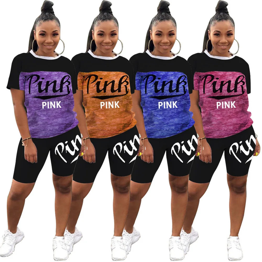 

PINK Letter Printed Short Sleeve Workout T-shirts and Bodycon Shorts Women's Tracksuit Casual Activewear Workout Two Pieces Sets
