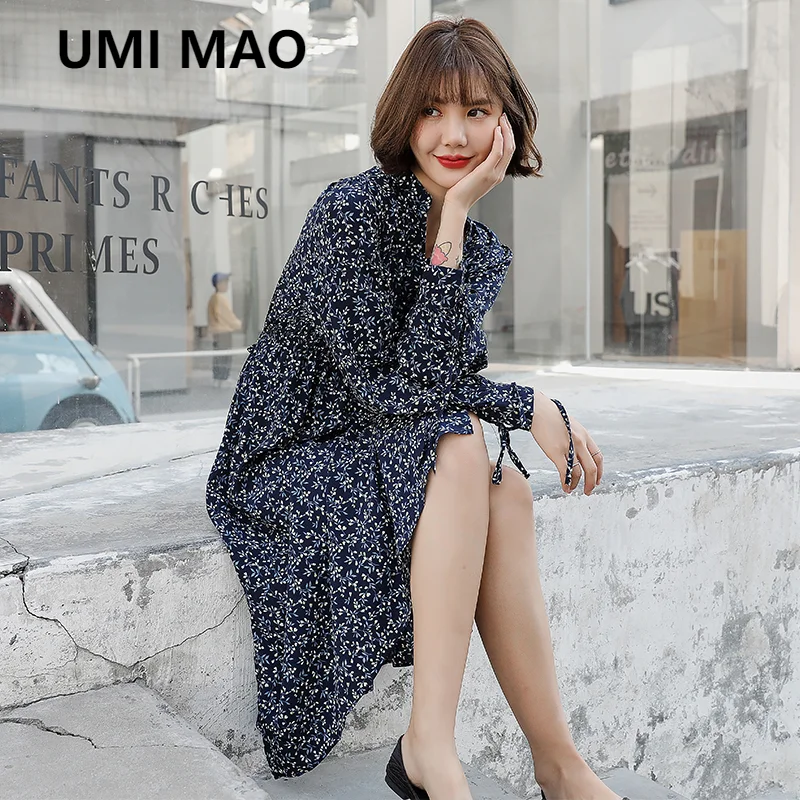 

Женское весеннее пальто с цветочным принтом UMI MAO, синее домашнее пальто средней длины с V-образным вырезом и длинными рукавами