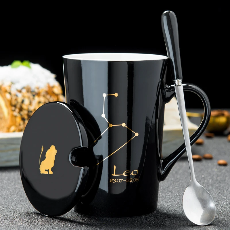 

420MLConstellation Creative Ceramic Couple Mug, with Spoon Cover Black Gold Porcelain Zodiac Milk Coffee Cup