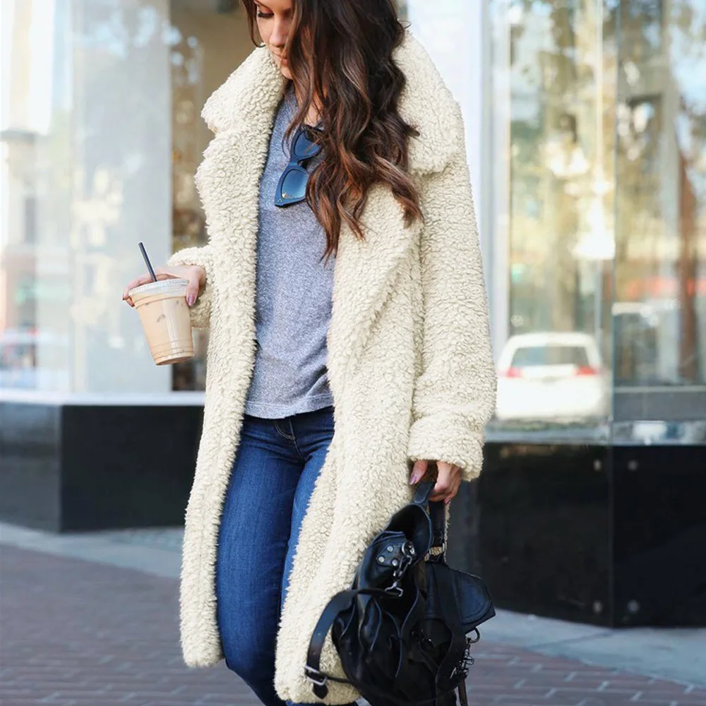 Autumn and Winter Fashion Lapel Pocket Long Sleeve Faux Fur Women's Top Long Coat for Women