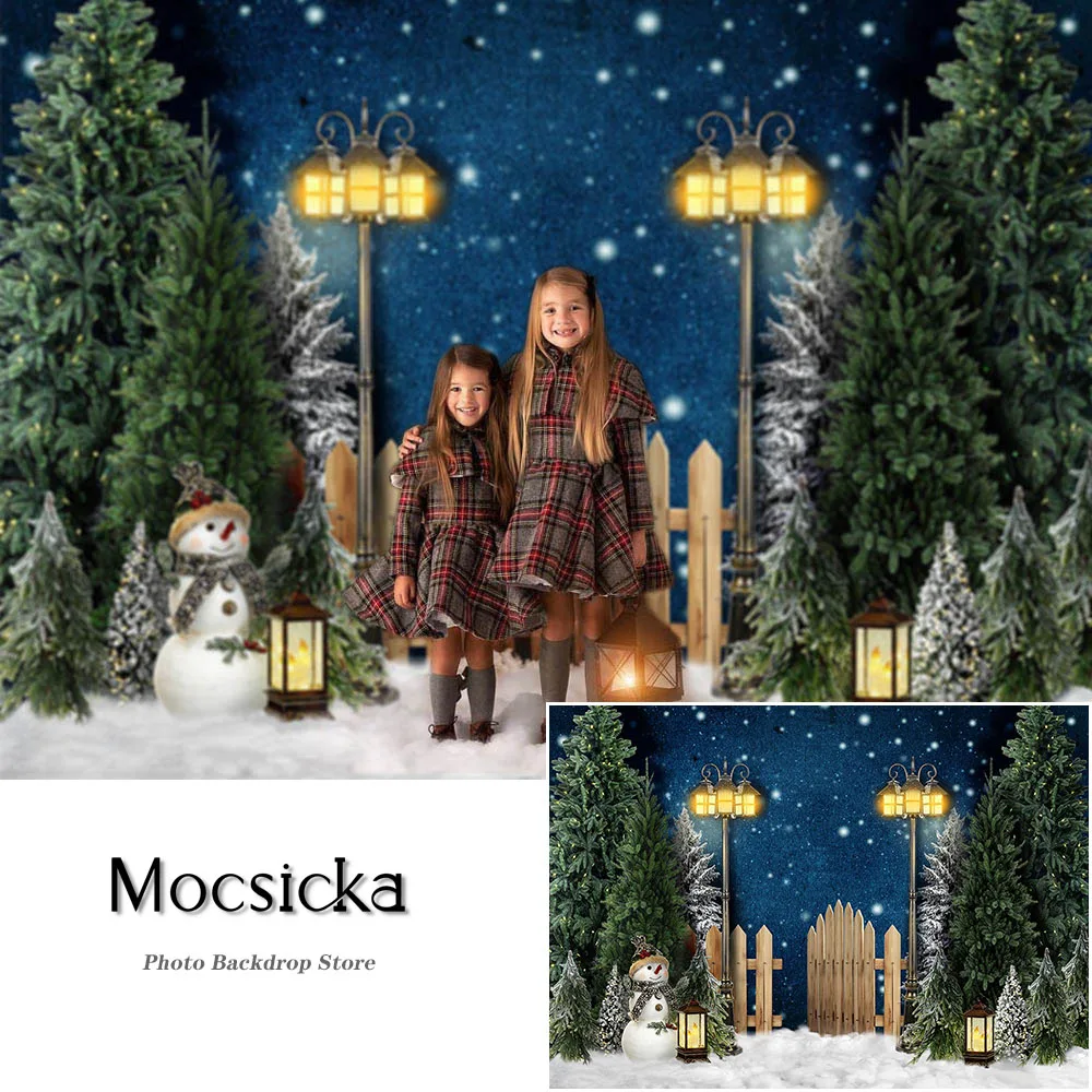 

Winter Snow Christmas Photography Backdrop Xmas Tree Snowman Lights Decor Kids Baby Portrait Photo Props Studio Booth Background