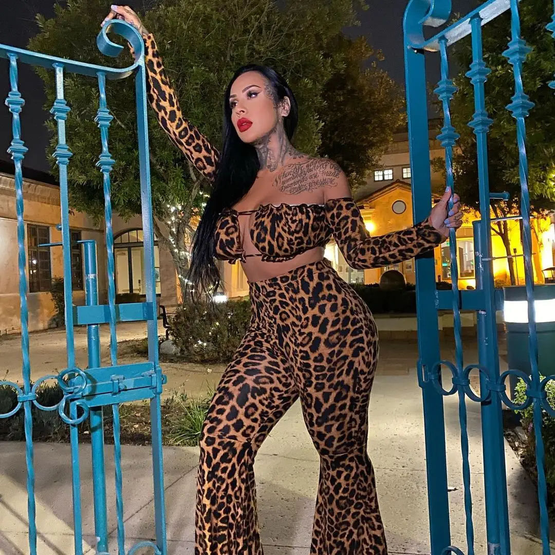 

2 pcs Leopard Print Sexy Women's Set Long Sleeve Crop Top Flare Pant Fashion Female Streetwear Summer suit ropa plus size mujer