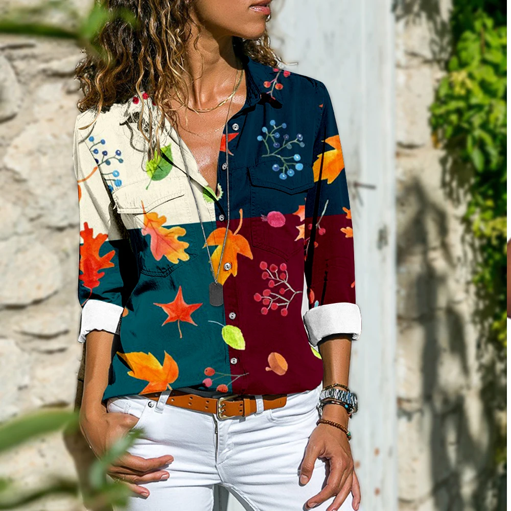 

Женская свободная рубашка с длинным рукавом и принтом в виде кленовых листьев