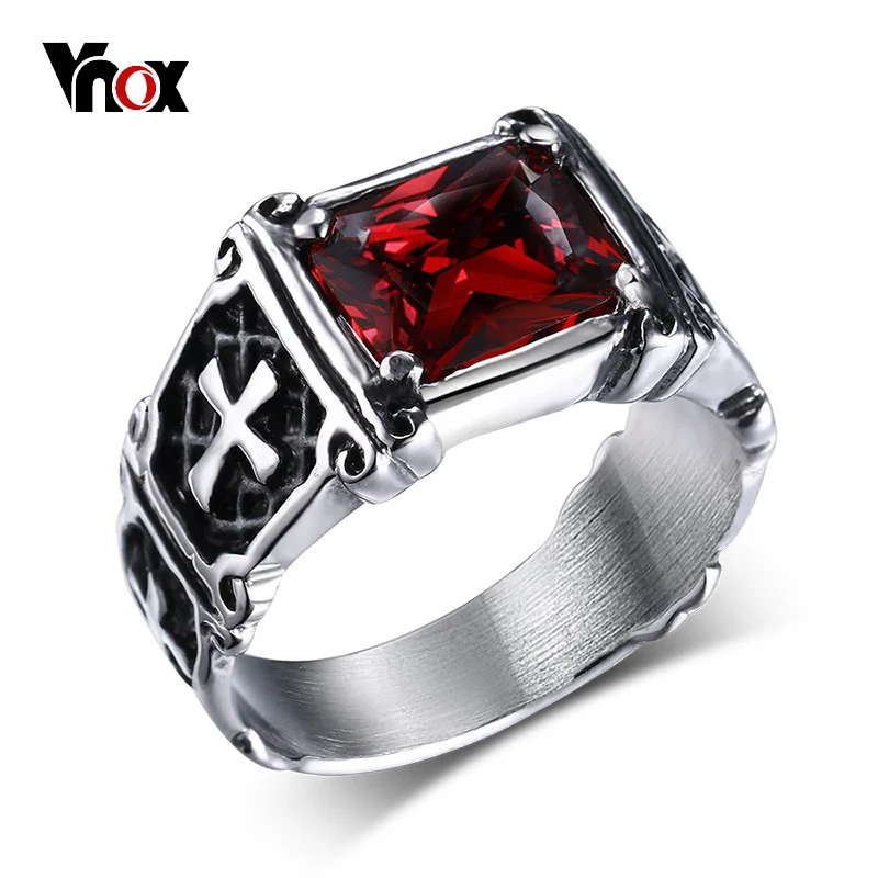 

Vnox Punk Cross Ring Casting Prong Setting Red CZ Stone Stainless Steel Christ Prayer Male Alliance Jewelry Size 7 8 9 10 11 12
