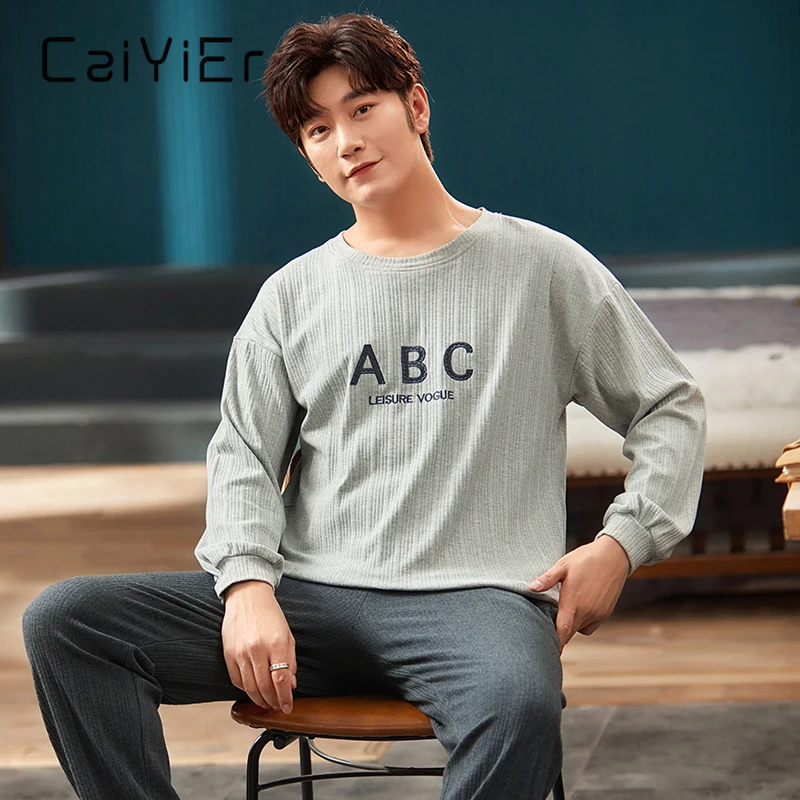 CAIYIER Autumn Winter Men Pajamas Set Cotton Plus Size Lounge Wear Contracted Print O-Neck Long Sleeve Trousers Male Nightwear