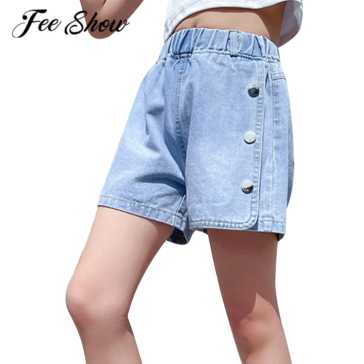 

Модные летние джинсовые шорты для девочек с высокой талией, эластичный пояс, повседневные джинсовые шорты для девочек-подростков, джинсовы...