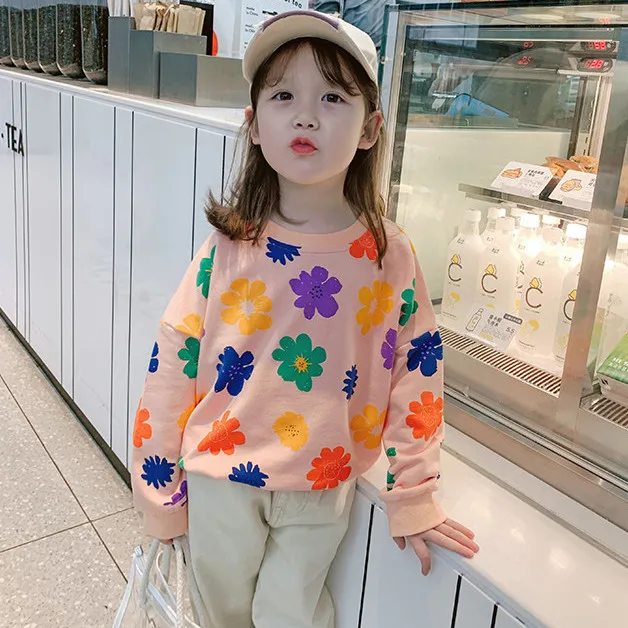 

90-150cm Baby Girl Spring Autumn Sweater Children's Cotton Blend Rib O-Neck Lovely Flower Print Tops Kids Pullover Child Clothes