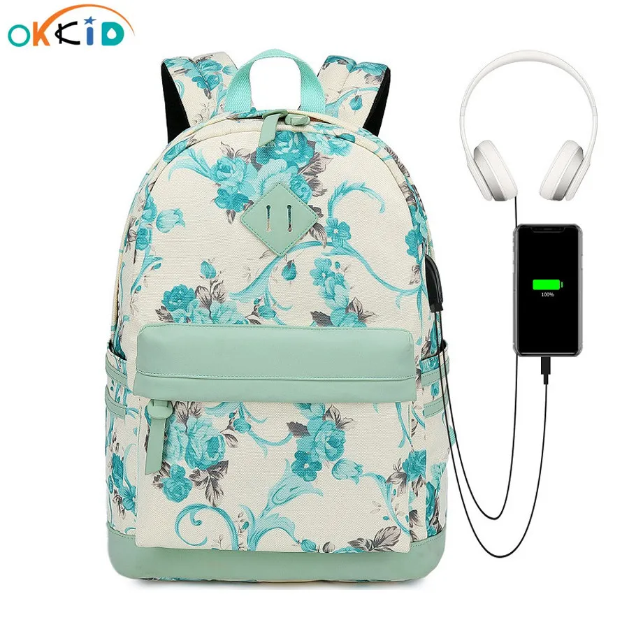 Рюкзак OKKID с цветочным принтом для девочек-подростков, школьные ранцы для учеников, дорожный ранец с usb-портом для наушников, школьный портфе...