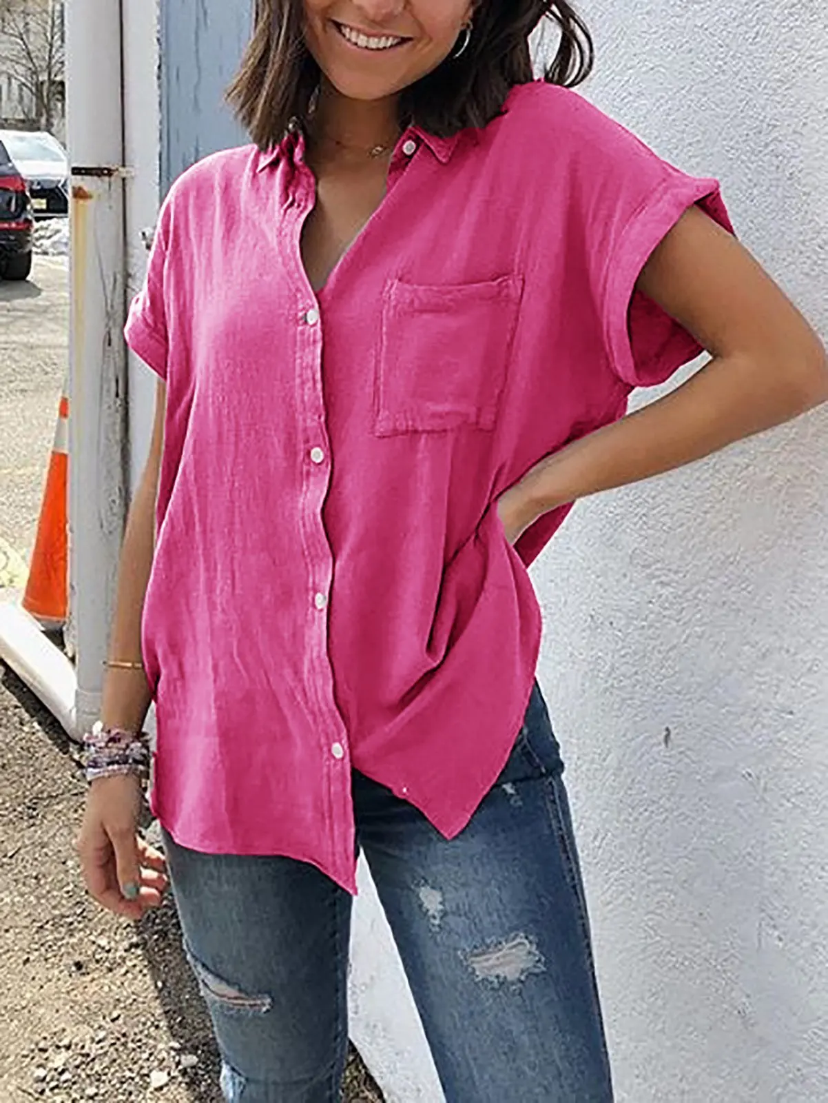 

2019 Summer Short Sleeve Pocket Plus Large Solid Color Ladies Shirt Women Loose Casual Blouses Plus Size