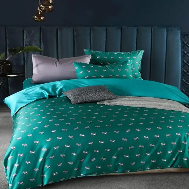 

50 зеленый Зебра класса люкс 100% Египетский хлопок постельного белья печати пододеяльник кровать/плоский лист, наволочками, Комплект постель...