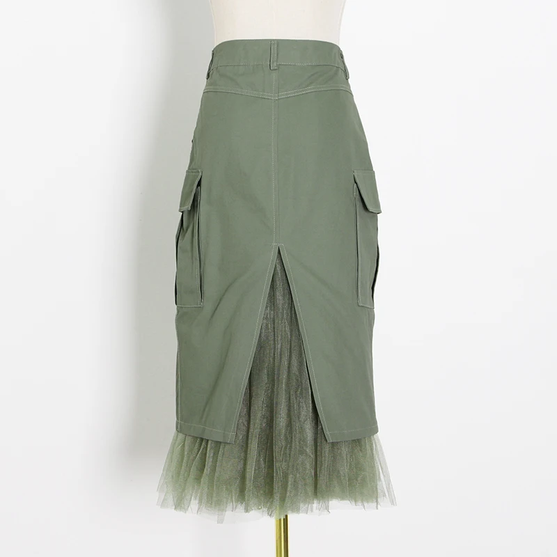 

TWOTWINSTYLE Casual Patchwork Mesh Skirt For Women High Waist Back Split Midi Skirts Female Fashion New Clothing 2020 Autumn