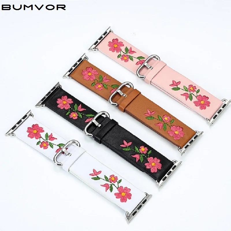 Кожаный ремешок для часов Apple Watch 38 мм 42 с красной цветочной вышивкой женщин и