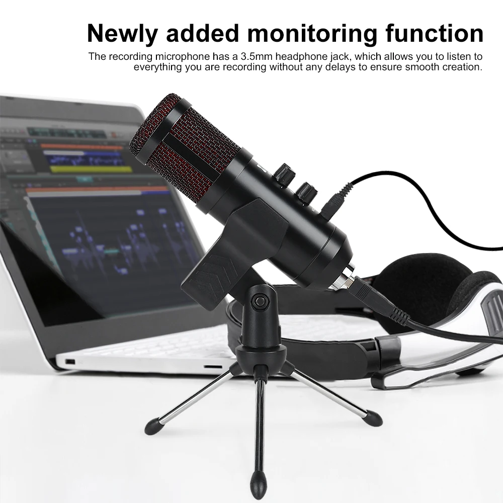 XTUGA USB конденсаторный микрофон для записи MIC Подкаст Встроенный монитор с эхо